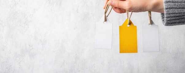Poster - A consumer's hand holding two price tags with contrasting values, highlighting cost versus value perception. Background includes a clean space for copy text.