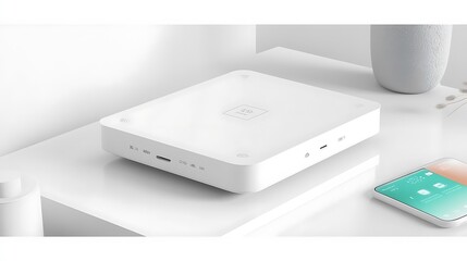 Poster - A sleek white device on a table, likely a tech gadget for connectivity or smart home use.