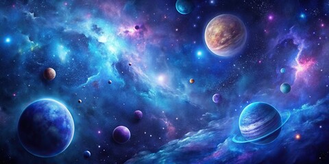 Wall Mural - Deep space galaxy background with stars, planets, and nebulas in shades of blue and purple, dark sky, celestial, stargazing