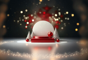 A red platform with a white sphere sits on a gray floor with two small fir trees and ornaments in front of a blurred background of red and gold lights.