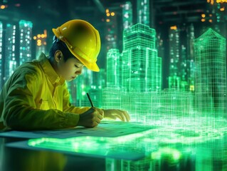 Engineer wearing a yellow helmet is drawing on a table, with holographic green buildings floating in front of him and city lights glowing behind them. The scene has an industrial style, a sci-fi feel