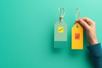 Poster - A hand holding two labels one with a price and the other with a value icon, representing the balance in consumer cost perception. Copy space provided on a simple background.