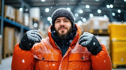 Worker in Heavy Winter Jacket Stacking Boxes Inside Warehouse