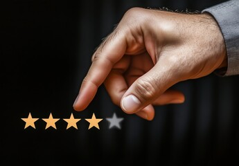 Customer Evaluation Feedback: Finger Giving Positive Review for Client's Satisfaction Surveys, Giving a Five-Star Rating. Service Rating and Satisfaction Concept, Background with Copy Space, Banner.