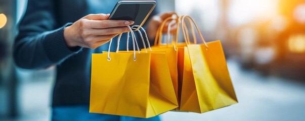 Poster - Close-up of a shopper's hand holding a price tag and calculating value using a mobile app, clean retail store background with minimalist design, representing modern cost-analysis behavior