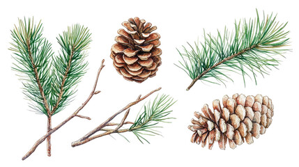 Poster - Hand-drawn Style Watercolor Collection of Pine Cones and Branches Generative AI