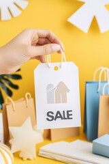Poster - Close-up of a hand holding a tag that lists both original and sale prices, indicating value perception during a seasonal sale event, a crowd of shoppers in the background to reflect urgency and