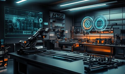 A futuristic, high-tech workshop with machinery.