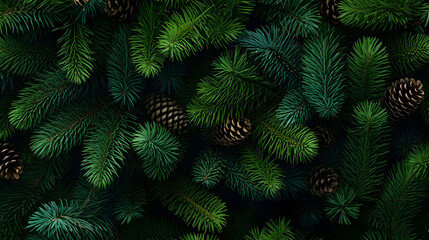 Wall Mural - fir branches and cones green needle abstract background christmas texture. horizontal composition, b
