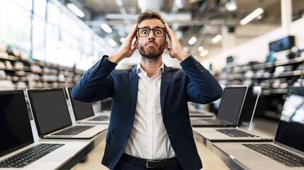 Poster - Young professional in a sleek electronics store, examining features and price of two similar devices, facial expression reveals the process of justifying value over cost
