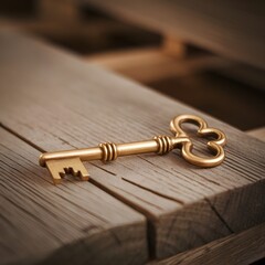 golden key with a heart-shaped head. The key is lying on a wooden background. The lighting is soft.