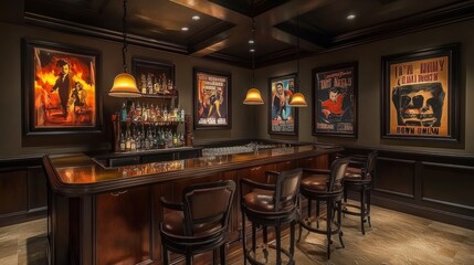 Elegant bar setup with classic movie posters on the walls and soft lighting from hanging lamps, featuring a polished counter and seating area