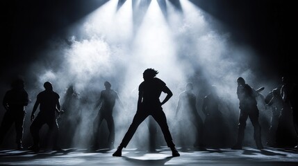 Canvas Print - A silhouette of a dancer posing in front of a group of dancers in a smoky stage lit by spotlights.