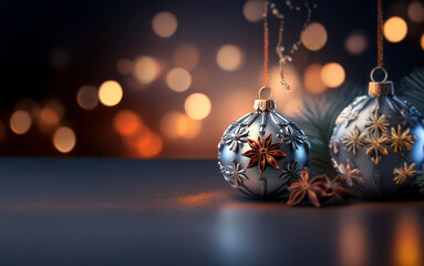 Two silver Christmas ornaments with gold snowflakes and star anise on a dark background with bokeh lights.