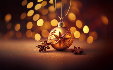 Poster - A golden Christmas ornament with star anise decorations sits in front of a bokeh background of warm golden lights.
