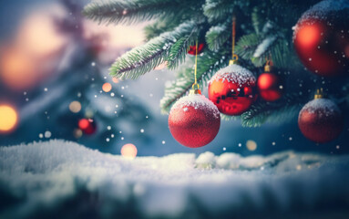 Poster - Red Christmas ornaments hang from a snow-covered evergreen tree branch with a snowy background.