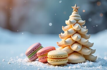 Traditional French colorful macarons against a background of a winter landscape. sweet confectionery based on Christmas tree meringue. New Year celebration