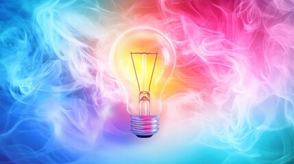 Wall Mural - A glowing light bulb in a colorful cloud of smoke.