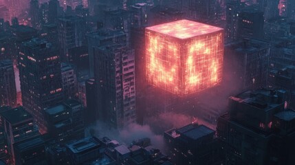 Wall Mural - a glowing cube hovers above a futuristic cityscape at night, casting an eerie light on the surroundi