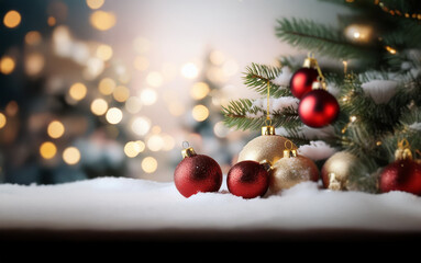 Poster - A snowy winter scene with a decorated Christmas tree and red and gold ornaments.