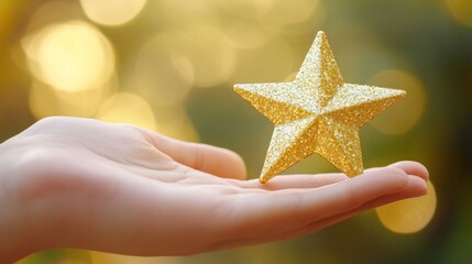 Canvas Print - A hand holds a golden star with a blurred background of golden lights.