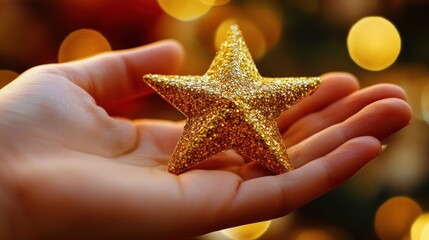 Canvas Print - Closeup of a hand holding a golden star ornament with bokeh lights in the background.