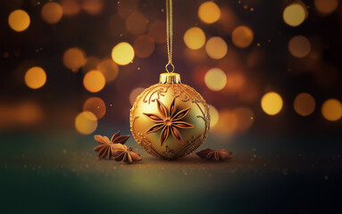 Poster - A gold Christmas ornament hangs against a backdrop of twinkling lights, with star anise pods scattered on the table below.