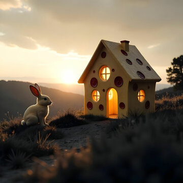 A whimsical house entirely made of cheese, featuring cheese block walls, melted cheese roofs,