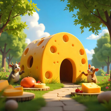 A whimsical house entirely made of cheese, featuring cheese block walls, melted cheese roofs,