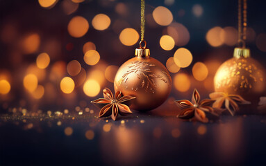 Poster - Two golden Christmas ornaments with star anise resting on a dark surface with sparkling lights in the background.