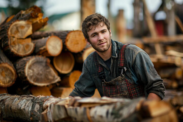 Generative AI image of a handsome virile bearded woodcutter at work in a traditional woodworking workshop