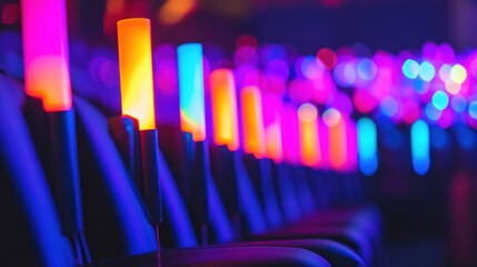 Wall Mural - A row of colorful lights on seats in a dark room with blurred lights in the background.