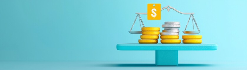 Poster - A minimalist scene featuring a price tag and value icon balanced on either side of a scale, illustrating cost and value in financial decisions. The image offers generous copy space for text or