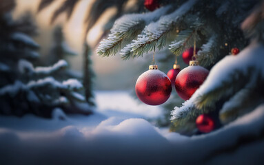 Poster - Red Christmas ornaments hang from a snow-covered evergreen tree branch against a blurry background of snow-covered trees.