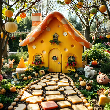 A whimsical house entirely made of cheese, featuring cheese block walls, melted cheese roofs,