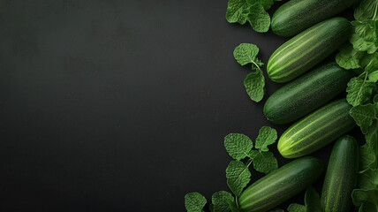 Poster - Fresh cucumbers and green leaves arranged on dark background, creating vibrant and organic display