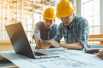 Builder engineer and supervisor consultant inspection job plan  concept, Asian contractor and foreman looking blueprint in computer laptop and checking process plan of factory warehouse, Generative AI