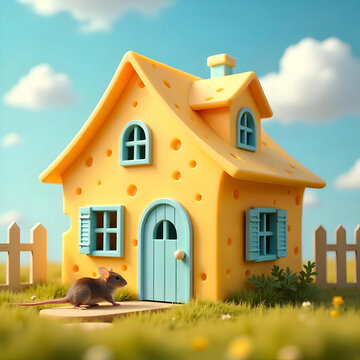 A whimsical house entirely made of cheese, featuring cheese block walls, melted cheese roofs,