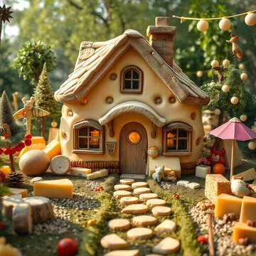 A whimsical house entirely made of cheese, featuring cheese block walls, melted cheese roofs,