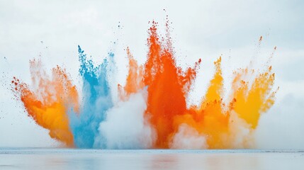 Wall Mural - a vibrant explosion of blue, orange, and yellow powder against a white background, creating a dynami