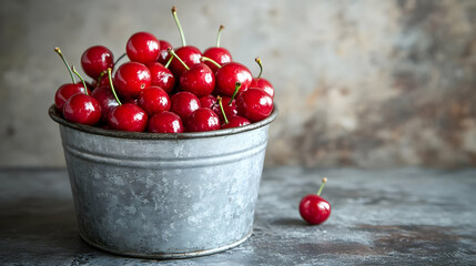 Wall Mural - Photo of Fresh Red Cherries in a Rustic Metal Bucket