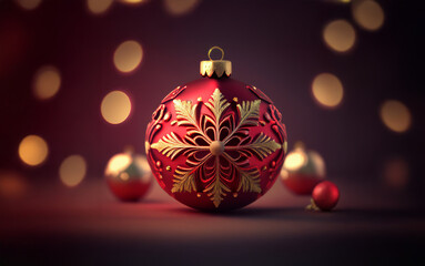 Poster - A single red Christmas ornament with a golden snowflake design sits in the center of the frame surrounded by out of focus golden lights and other red and gold ornaments.