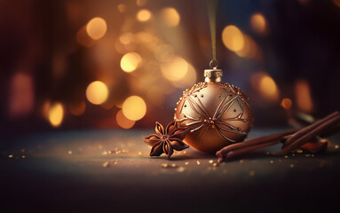 Poster - A single golden Christmas ornament with star anise and cinnamon sticks resting on a table with a bokeh of warm lights in the background.