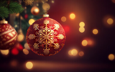 Poster - A close-up of a red Christmas ornament with a gold snowflake design hanging from a tree branch.  The background is blurred and features warm bokeh lights.
