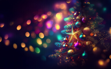 Poster - A close-up of a decorated Christmas tree with colorful ornaments and a star on top, against a dark background with blurred bokeh lights.