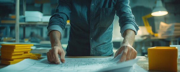 Close up hands of businessman from consultancy service discussing with project contractor and reviewing blueprint for build real estate facilities, Generative AI