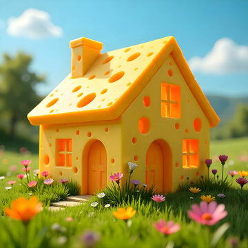 A whimsical house entirely made of cheese, featuring cheese block walls, melted cheese roofs,
