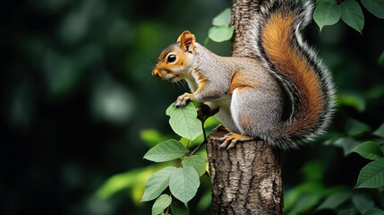 Wall Mural - Close-up of a squirrel sitting on a tree branch in a forest, holding a green leaf, surrounded by lush foliage and a blurred background.