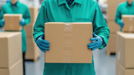 A person in a green uniform holds a cardboard box, surrounded by stacks of similar boxes, indicating a warehouse or shipping environment.