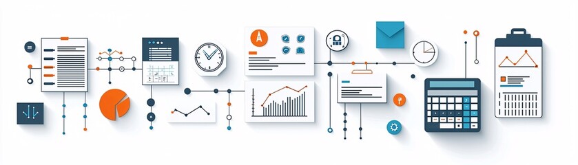 Poster - flat-lay of documents with cost-benefit icons, including a calculator and financial charts on a whit